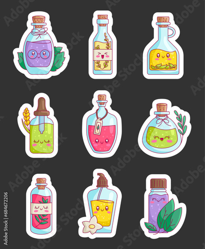 Cute happy funny herbal oil bottle. Sticker Bookmark. Kawaii cartoon organic cosmetic characters. Hand drawn style. Vector drawing. Collection of design elements.