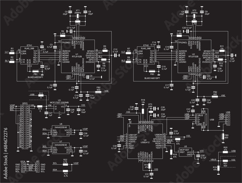 Schematic diagram of electronic device. 
Vector drawing electrical circuit with 
integrated circuit, resistor, capacitor, 
fuse, connector, quartz resonator, twisted pair,
usb, i2c and other component