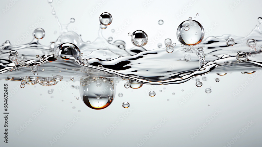 Close up of transparent water drops or oil bubbles on light background