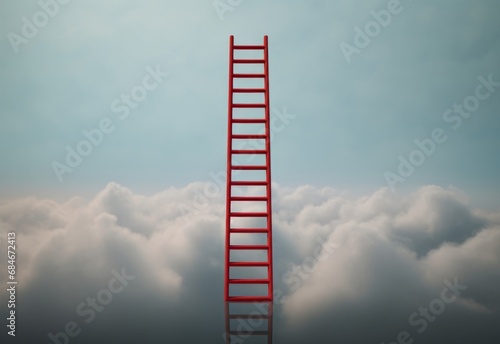 A Red Ladder Reaching for the Sky Amidst a Sea of Fluffy Clouds