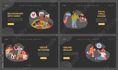 Children's Relationships set. Showcasing friendship, family bonds, sibling rivalry, and social interactions. Captures stages from cooperation to isolation. Flat vector illustration