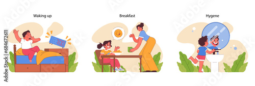 Child's daily routine set. Kids experiencing daily routine moments. Waking up, breakfast, hygiene. Morning actions, interaction with family members. Learning self-discipline. Flat vector illustration © inspiring.team