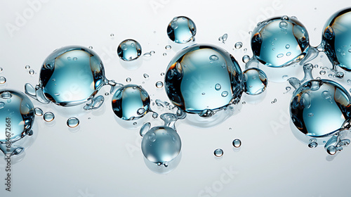 Close up of transparent water drops or oil bubbles on light background