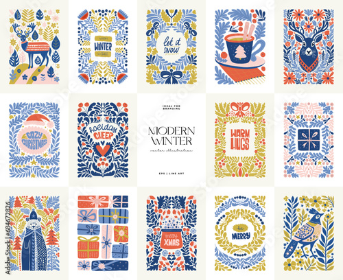 Merry Christmas and Happy New Year illustration. Modern trendy Matisse minimal style. Hand drawn design for wallpaper, wall decor, print, postcard, cover, template, banner.