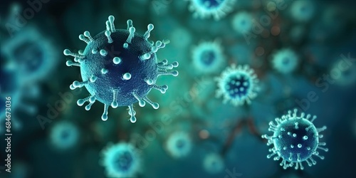 Microscopic warfare. Detailed exploration of virus biology and contagion featuring an abstract composition of microbes cells and pathogens in shades of blue scientific complexity of health and disease © Thares2020