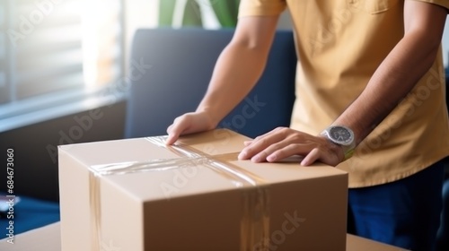 Courier with stack of parcels in cardboard boxes in post office closeup. Deliveryman sorts packages working in logistic center. Man in uniform checkups containers for shipment at workplace