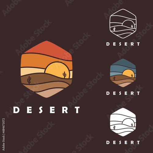 Minimalist desert Landscape logo element Mountain Peaks, Simple cactus mountain desert sunset logo design