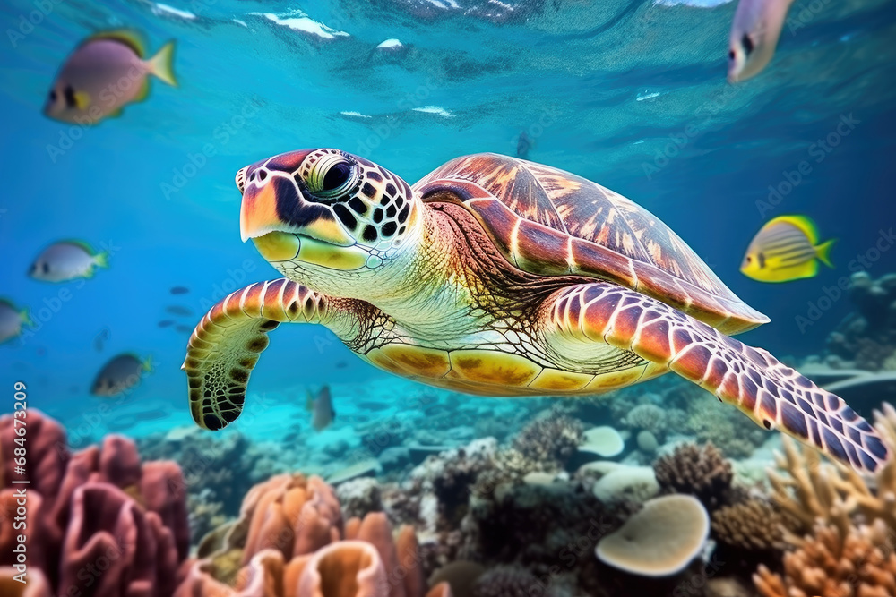 Fototapeta premium Turtle life Underwater with colorful coral reef, sea life fishes and plant at seabed background, Colorful Coral reef landscape in the deep of ocean, Marine life concept.