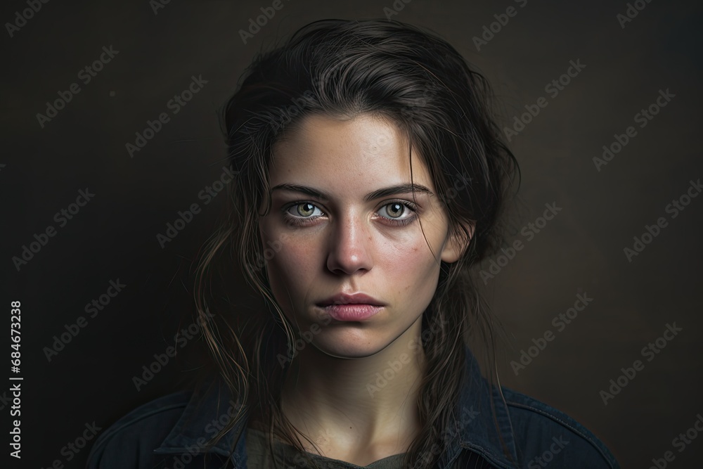 Portrait of a young woman with a serious expression, reflecting emotions of unhappiness or stress.