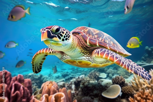 Turtle life Underwater with colorful coral reef, sea life fishes and plant at seabed background, Colorful Coral reef landscape in the deep of ocean, Marine life concept. © TANATPON