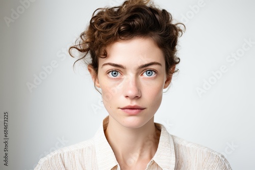 Portrait of a young woman with natural beauty, showcasing attractive features, healthy skin, and stylish makeup.