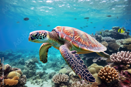 Turtle life Underwater with colorful coral reef  sea life fishes and plant at seabed background  Colorful Coral reef landscape in the deep of ocean  Marine life concept.