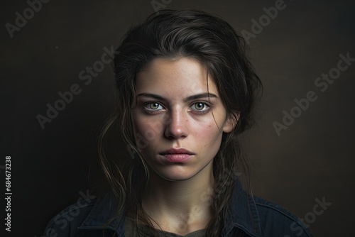 Portrait of a young woman with a serious expression  reflecting emotions of unhappiness or stress.
