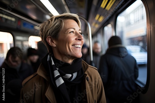 Happy mature woman in a public transportation station, reflecting urban lifestyle, city travel, and a positive commuter experience. © Andrii Zastrozhnov