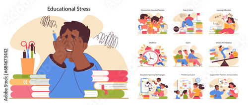 Educational stress set. Overwhelmed students grappling with deadlines, peer pressure, and exams. Balancing study with life, embracing new learning technologies. Flat vector illustration