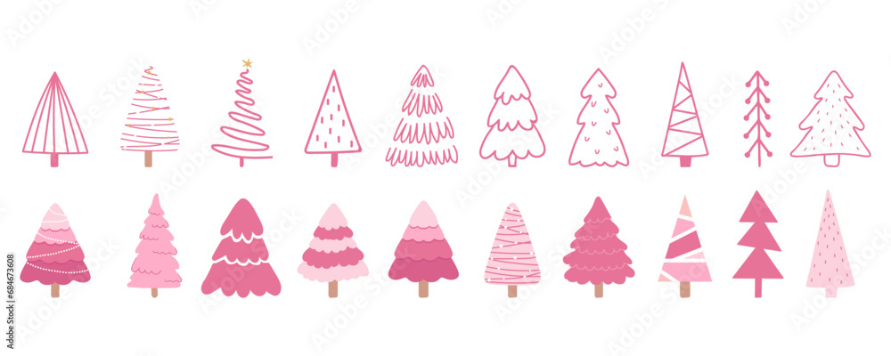 Collection of Christmas trees in pink color. Hand drawn illustrations Collection of Christmas trees in pink color. Hand drawn illustrations