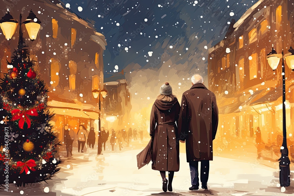senior couple at christmas market in winter illustration