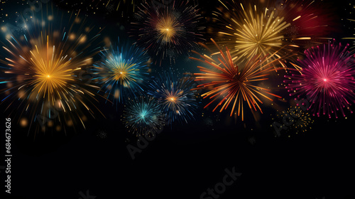 Colorful festive fireworks on black background banner. Long- sparkles and bokeh lights on night sky texture, with space for text. Concept of holidays. Copy space.
