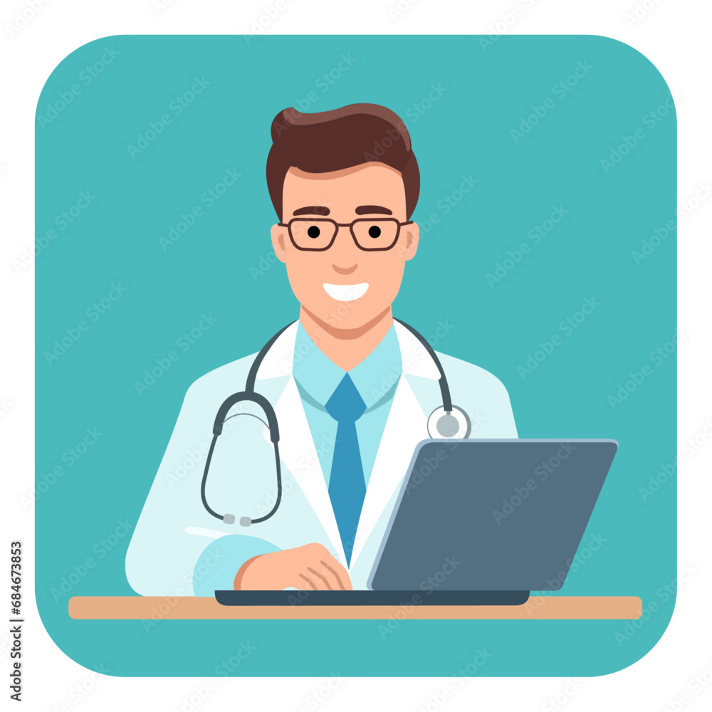 The doctor sits at a laptop and conducts a consultation. Vector flat illustration The doctor sits at a laptop and conducts a consultation. Vector flat illustration