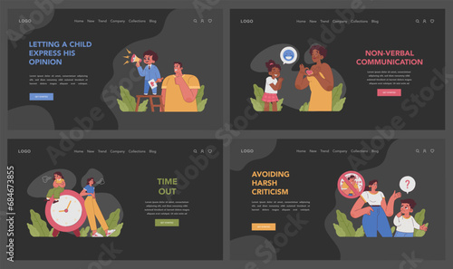 Effective communication dark or night mode web or landing set. Parents and children communicative skills. Expressing opinions, gestures, avoiding harsh criticism. Flat vector illustration