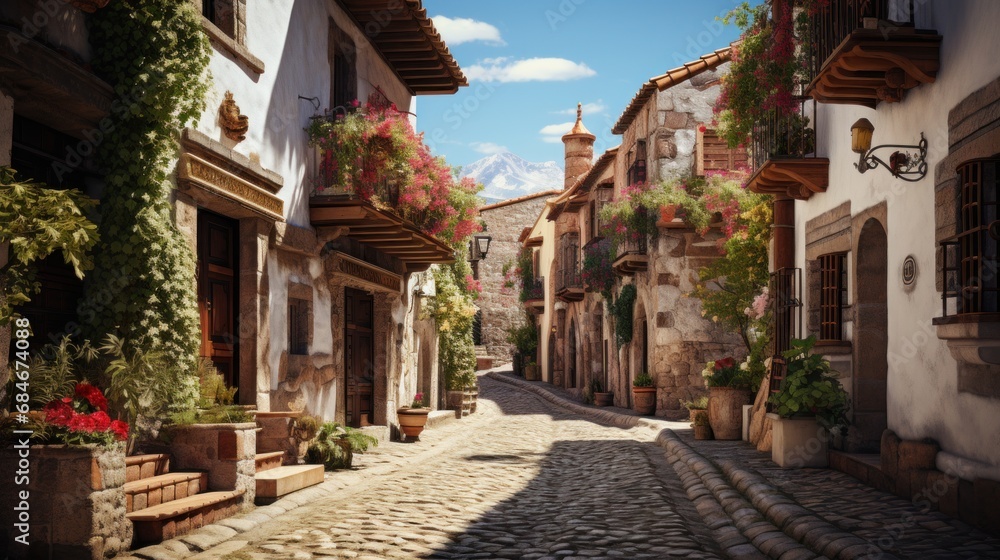Naklejka premium A narrow cobblestone street with potted plants