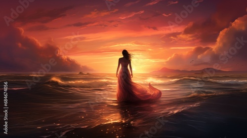 A woman in a long dress standing in the ocean