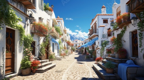 A cobblestone street lined with white buildings and flowers