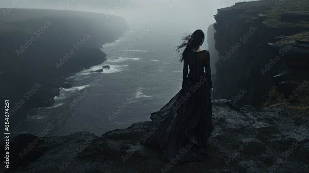 A woman in a long black dress standing on a cliff