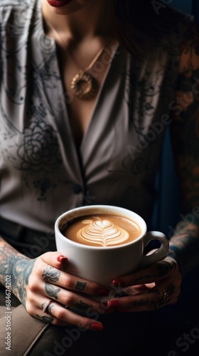 A woman with tattoos holding a cup of coffee