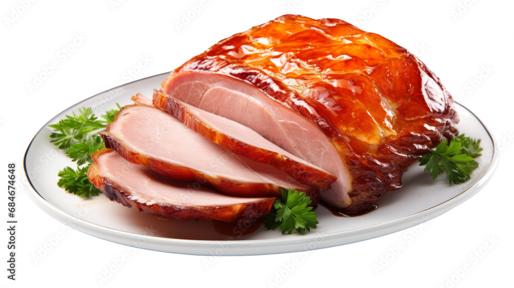 Christmas baked ham glazed isolated on white transparent, closeup, Xmas menu, PNG Christmas baked ham glazed isolated on white transparent, closeup, Xmas menu, PNG