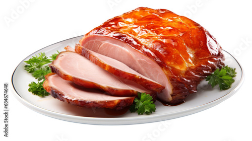 Christmas baked ham glazed isolated on white transparent, closeup, Xmas menu, PNG	 photo
