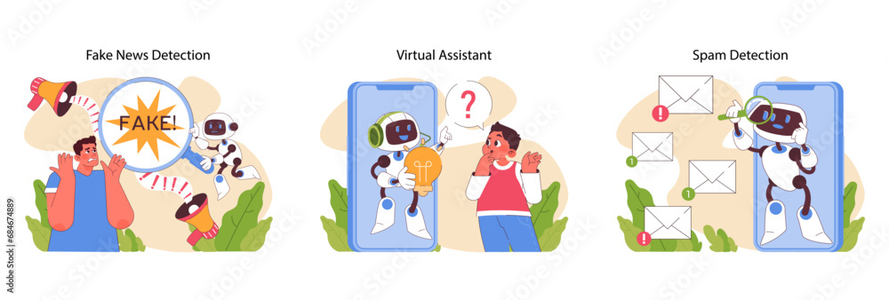 Fototapeta premium Natural language processing set. AI tools combating misinformation, aiding communication, and filtering content. Interactive and instructive digital support. Flat vector illustration