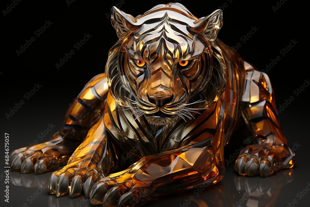 Amber crystal tiger sculpture with reflective surfaces on black background