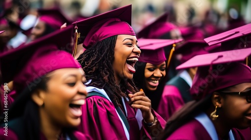 Joyful African-American student in mortarboard and gown celebrates graduation in audience. Positive young woman happy to get degree in prestigious university. Important achievement in youth life photo