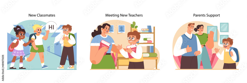 New at school set. Cheerful interactions and warm welcomes among diverse school peers. Family encouragement for academic confidence. Teachers creating friendly environment for newcomers. Flat vector New at school set. Cheerful interactions and warm welcomes among diverse school peers. Family encouragement for academic confidence. Teachers creating friendly environment for newcomers. Flat vector