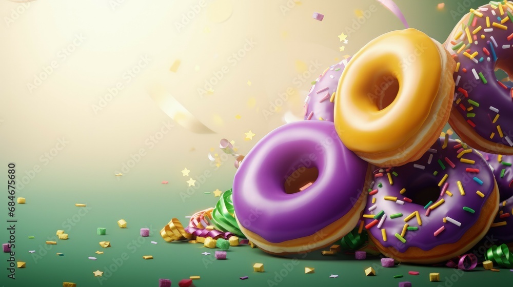 A banner for advertising the festive candy fair of the festival on the holiday of Mardi Gras or another carnival. Desserts, donuts, cupcakes in traditional Mardi Gras colors purple, green, yellow - obrazy, fototapety, plakaty 