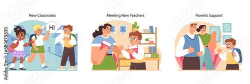 New at school set. Cheerful interactions and warm welcomes among diverse school peers. Family encouragement for academic confidence. Teachers creating friendly environment for newcomers. Flat vector