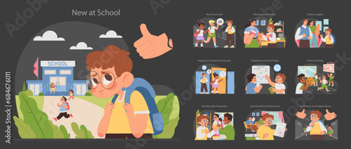 New at school dark or night mode set. Students first day experience and interactions at unknown place. Making friends, learning routines, getting accustomed to local rules. Flat vector illustration