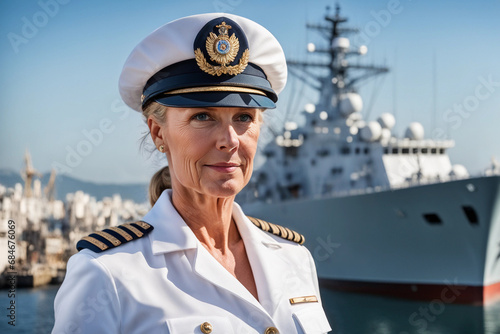 Portrait of a female commanding officer in white navy working uniform leaving on a military mission onboard a cruiser dock at a naval port. Captain of a battleship at harbour ready for combat duty. photo