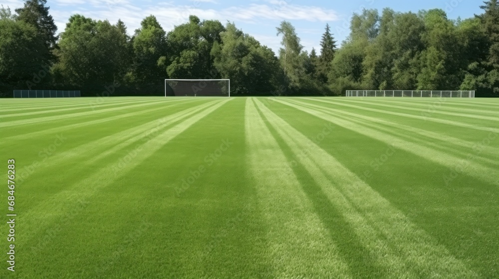 Football stadium with green grass and open roof under cloudy sky. Contemporary sports arena for international soccer matches. Futuristic athletic arena with turf field and spectator places Football stadium with green grass and open roof under cloudy sky. Contemporary sports arena for international soccer matches. Futuristic athletic arena with turf field and spectator places