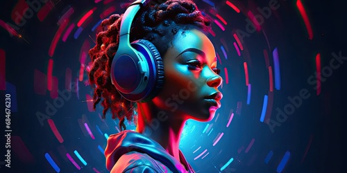 African woman wearing headphones and enjoying music beats in vibrant color pulses, colorful dynamic sound atmosphere