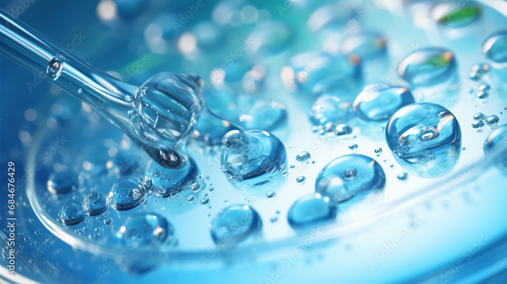 An abstract concept of hyaluronic acid face care gel being released into a petri dish via droplet is featured in this close-up macro shot. An abstract concept of hyaluronic acid face care gel being released into a petri dish via droplet is featured in this close-up macro shot.