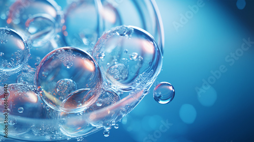 A macro shot of various-sized bubbles exiting a lab dropper into a petri dish on a blue surface portrays a concept of hyaluronic acid-infused skin care. photo