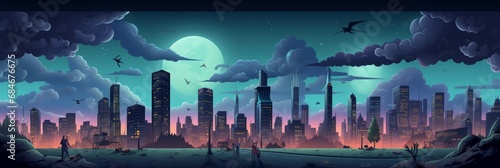 Night city, empty city streets after sunset, banner illustration