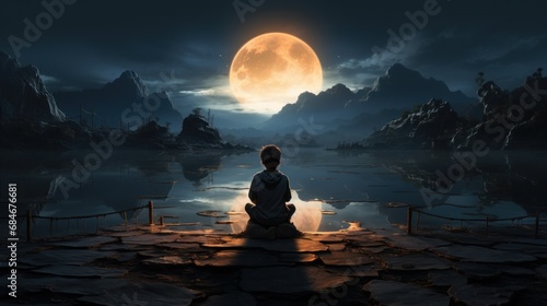 boy sitting looking at the moon © pector