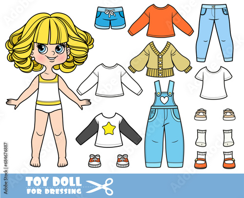 Cartoon blond girl with big curls and clothes separately -  long sleeve, shirt, sandals, jacket, shorts, overalls, jeans and sneakers doll for dressing