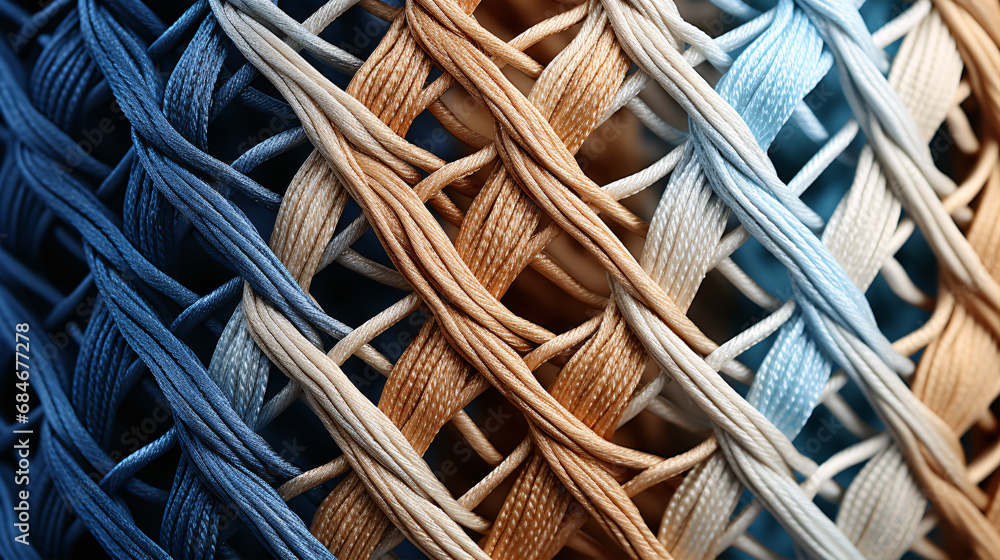 A tight close-up of a fabric woven with beige and azure threads. A tight close-up of a fabric woven with beige and azure threads.