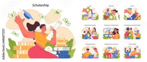 Scholarship set. Celebrating academic achievements and financial aid for students. From applications to awards. Education support across demographics. Help from government. Flat vector illustration