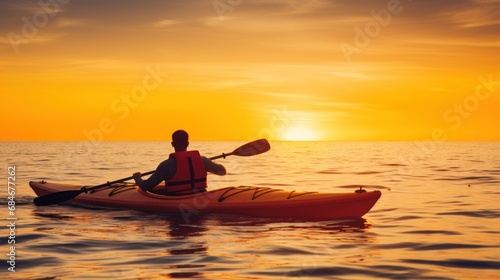 Tourist sails kayak along calm lake at gentle sunrise light. Sportsman enjoys solitude kayaking with paddles on tranquil river. Traveler discovers wild nature on small vessel during inspiring vacation
