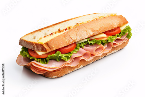 A sammie with ham, cheese and veg set apart on a pallid backdrop. photo